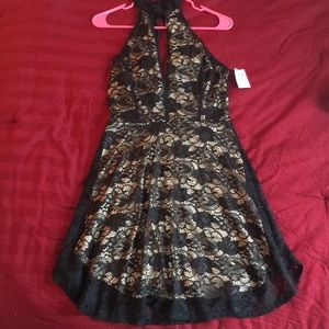 High neck black lace mini dress